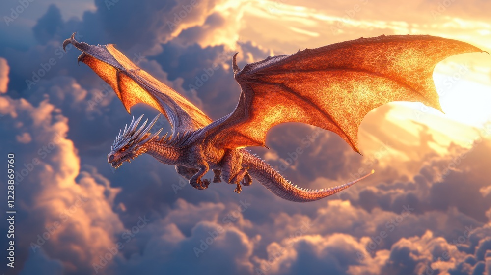 Naklejka premium Majestic white dragon soaring through sunset clouds.