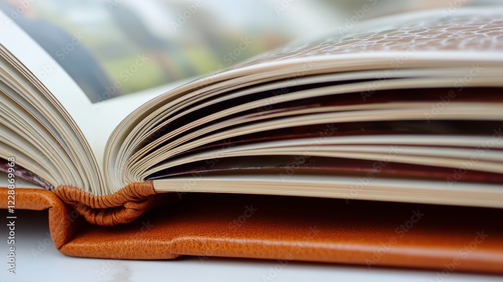 Aged Book with Yellowed Pages and Orange Leather Cover: A Close-Up View Aged Book with Yellowed Pages and Orange Leather Cover: A Close-Up View