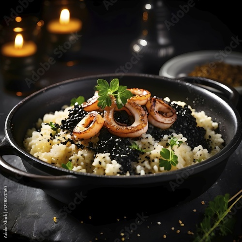 Risotto al nero di seppia creamy rice blackened with squid ink gourmet culinary delight, AI generated photo