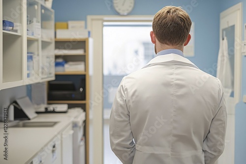 Back view of male doctor wearing lab coat in hospital. Generative Ai, AI generated