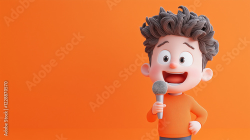  boy holding a microphone and singing, depicted in a simple flat designMusic promotions, youth-related content, cartoon- blogs or websites, children's books, banner poster flyer photo