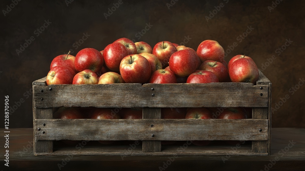 Rustic Red Apples: A weathered wooden crate overflows with plump, ripe red apples, creating a still life image that evokes feelings of harvest season and wholesome goodness. Rustic Red Apples: A weathered wooden crate overflows with plump, ripe red apples, creating a still life image that evokes feelings of harvest season and wholesome goodness.