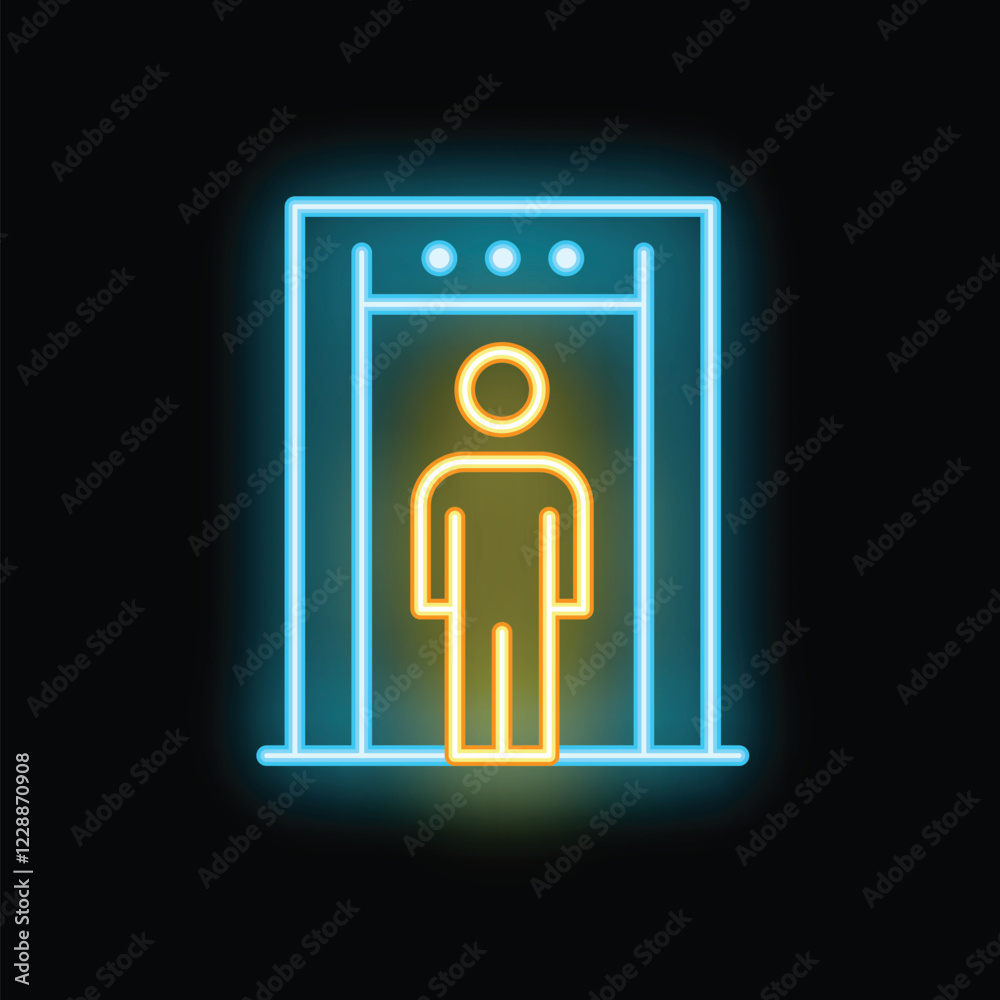 Neon glowing metal detector icon with person standing underneath, isolated vector illustration Neon glowing metal detector icon with person standing underneath, isolated vector illustration