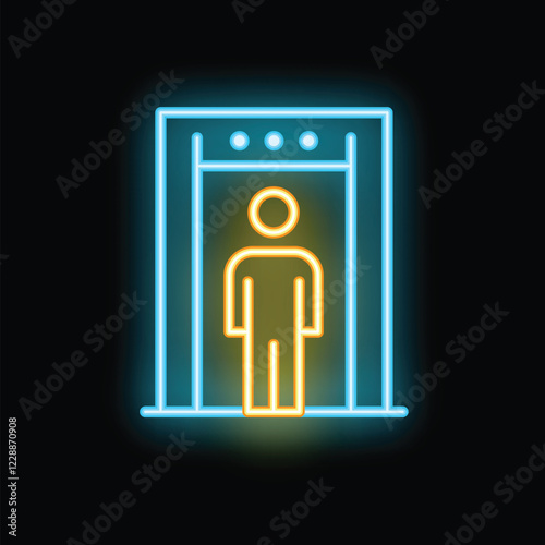 Neon glowing metal detector icon with person standing underneath, isolated vector illustration