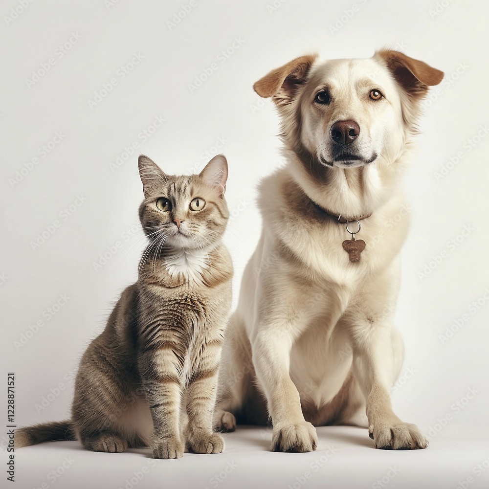 Dog and cat sit peacefully next to each other, AI generated Dog and cat sit peacefully next to each other, AI generated