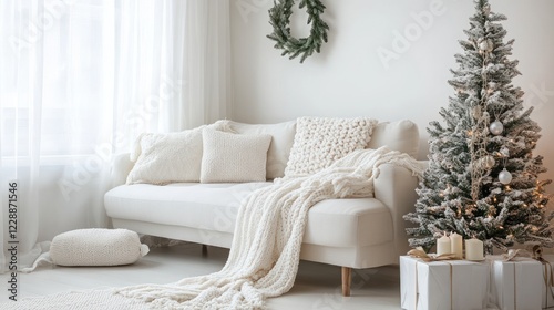 White Christmas Living Room Decor with Sofa, Tree, and Gifts photo