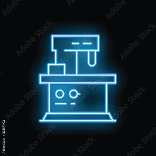 Bright blue neon icon of medical equipment glowing on a dark background