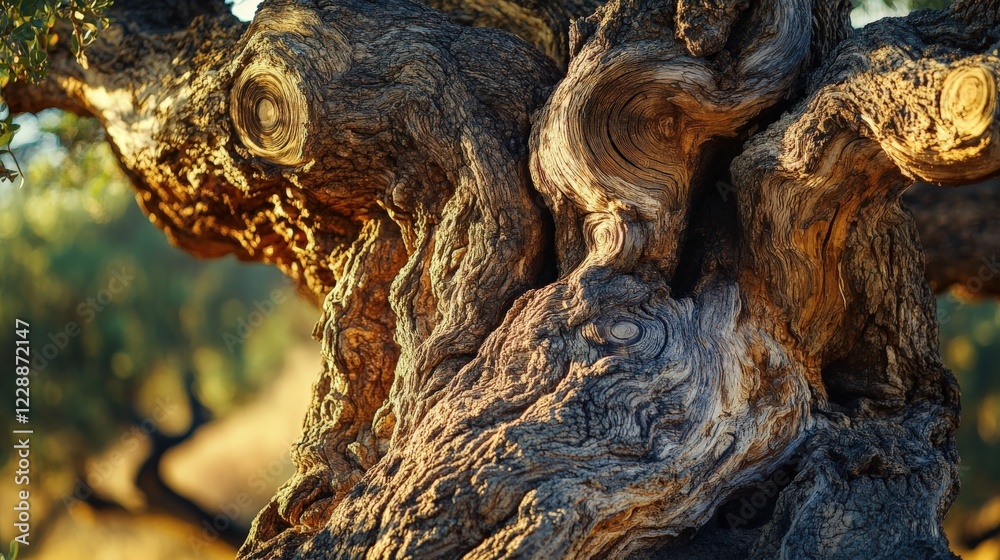 Ancient Tree Bark Texture Close-up: Rustic, Gnarled Wood Surface in Warm Sunlight Ancient Tree Bark Texture Close-up: Rustic, Gnarled Wood Surface in Warm Sunlight