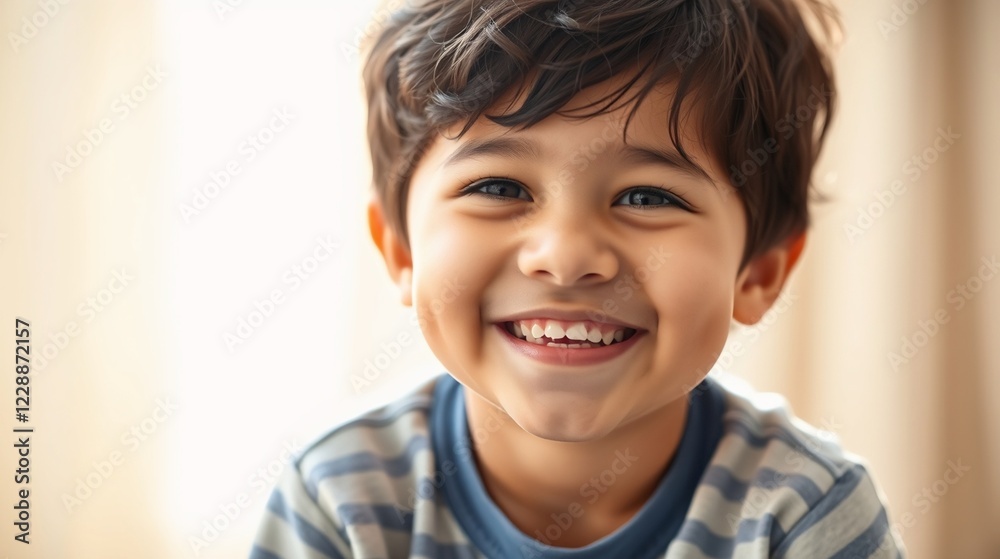Joyful Young Boy with Brown Hair Smiling Brightly in Soft Natural Light Joyful Young Boy with Brown Hair Smiling Brightly in Soft Natural Light