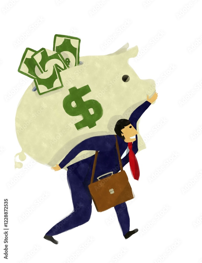 Watercolor style drawing of a business man with piggy bank over white background Watercolor style drawing of a business man with piggy bank over white background