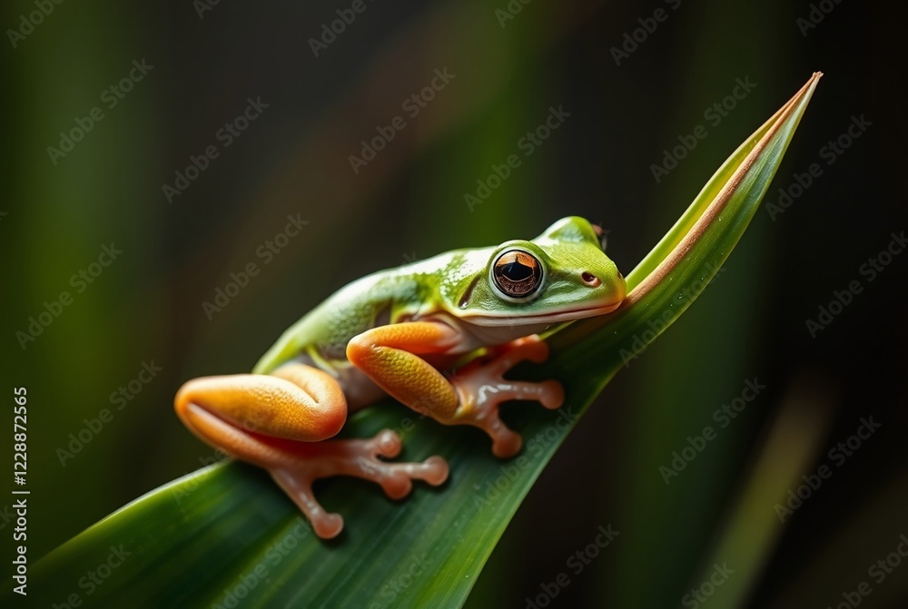 Close-Up of a Vibrant Green Frog Resting on a Leaf in Natural Habitat Close-Up of a Vibrant Green Frog Resting on a Leaf in Natural Habitat