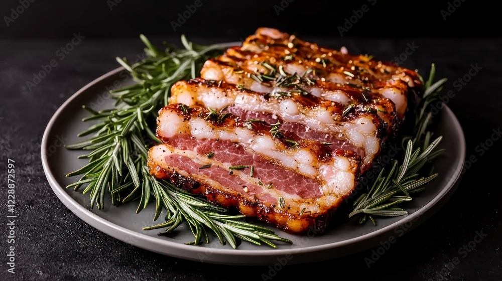 Delicious Grilled Bacon Slices with Rosemary Garnish Delicious Grilled Bacon Slices with Rosemary Garnish