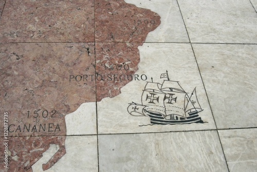 Discovery of Brazil in 1500 by the Portuguese, detail of a giant world map at the foot of the Monument to the Discoveries, Padrao dos Descobrimentos, Belem, Lisbon, Portugal, Europe