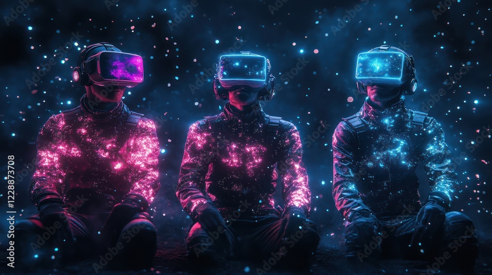 VR experience three figures in futuristic gear meditate in a virtual space VR experience three figures in futuristic gear meditate in a virtual space