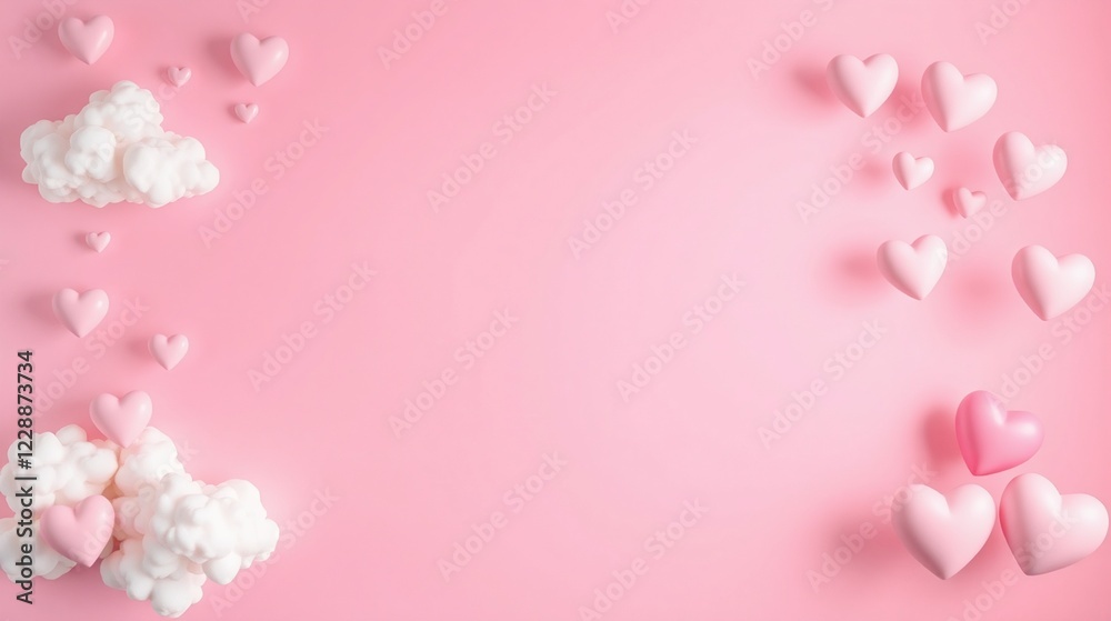 Playful Composition of Hearts and Clouds on Soft Pink Background Playful Composition of Hearts and Clouds on Soft Pink Background