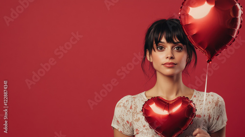 a beautiful woman holding a heart-shaped balloon against a red background. Valentines day concept