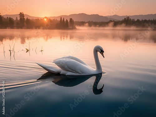 An epic fantasy scene featuring a flying swan, highly-detailed, photo realistic, beautiful, moody lighting, best quality, realistic, real picture, intricate details, depth of field, cinematic view, ra photo