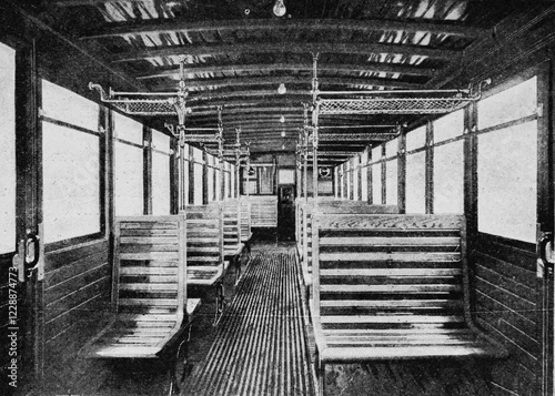 Interior of a Second class subway car, Paris, French weekly newspaper l'Illustration, 14th July 1900 photo