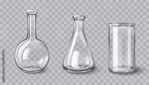 Chemistry laboratory glassware set of 3d transparent vessels - rounded spherical flask, conical beaker and cylindrical container. Empty scientific equipment for medical or chemical research.
