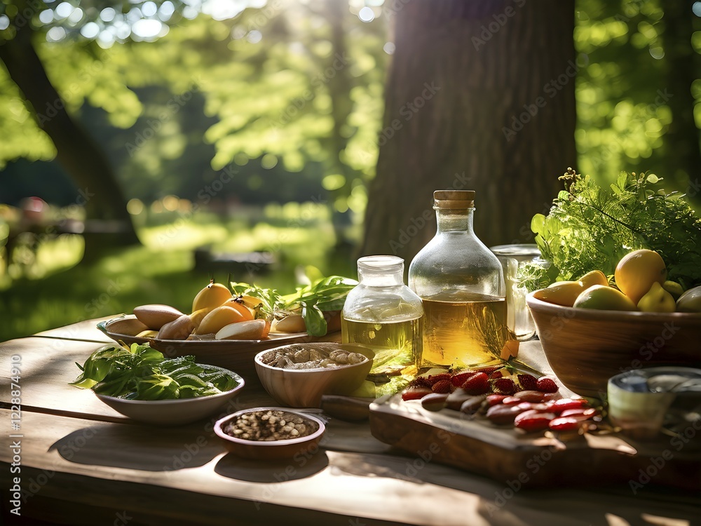 Rustic wooden table laden with farm to table ingredients, AI generated Rustic wooden table laden with farm to table ingredients, AI generated