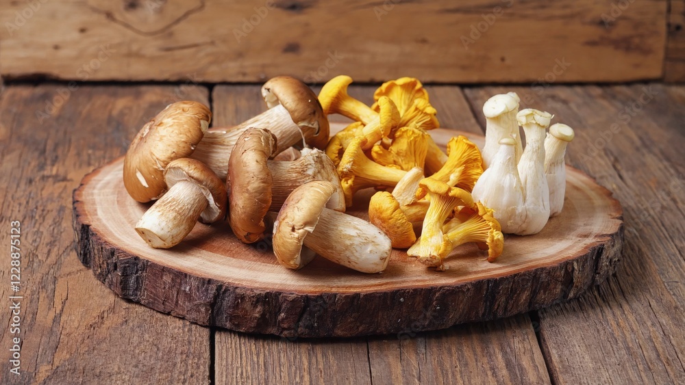 Fototapeta premium Autumn Harvest, A Colorful Array of Wild Mushrooms on Rustic Wood