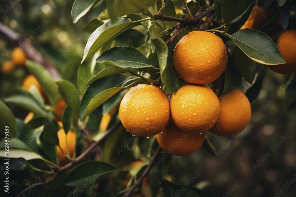 Fresh oranges with rain drops growing on tree. KI generiert, generiert AI generated Fresh oranges with rain drops growing on tree. KI generiert, generiert AI generated