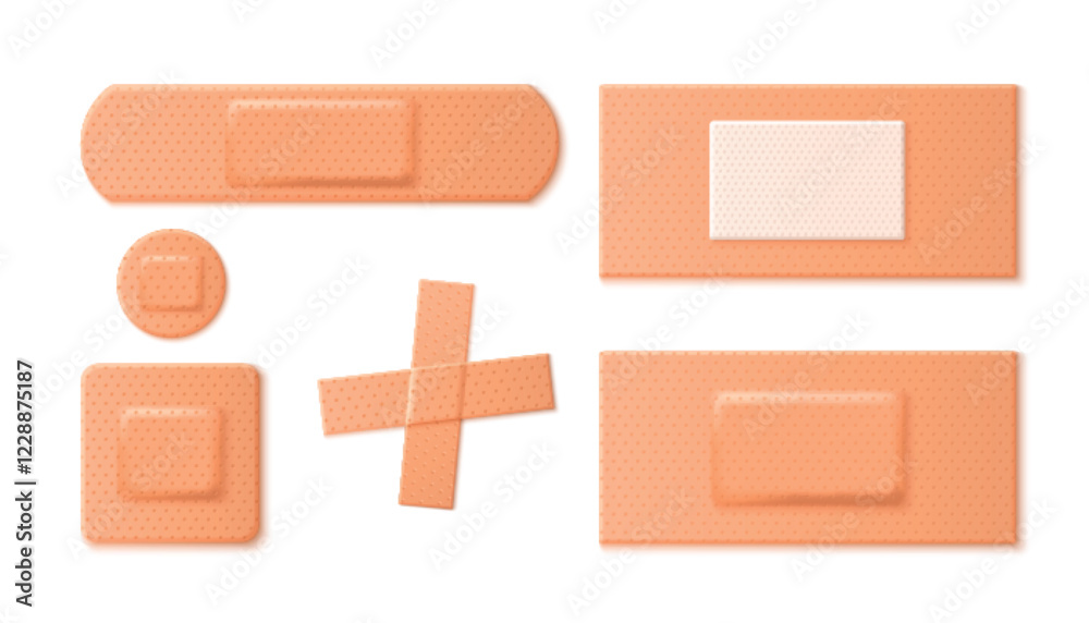 Medical adhesive bandages set with textured surface - beige colored plasters in various shapes including rectangle, circle, cross and strip. First aid supplies for wound protection and healthcare.