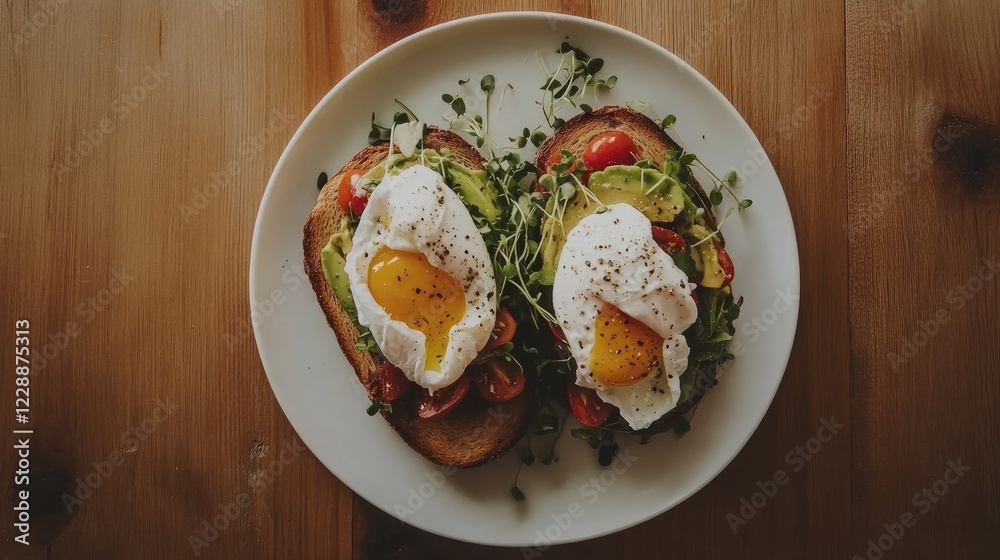 A plate of avocado toast topped with poached eggs and microgreens on a rustic wooden table, symbolizing nutritious meals for pregnancy. Natural and vibrant. A plate of avocado toast topped with poached eggs and microgreens on a rustic wooden table, symbolizing nutritious meals for pregnancy. Natural and vibrant.