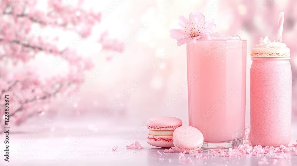 Cherry Blossom Romance: Beverage and Macaroon with Spring Festival Theme for Wallpaper or Background Cherry Blossom Romance: Beverage and Macaroon with Spring Festival Theme for Wallpaper or Background