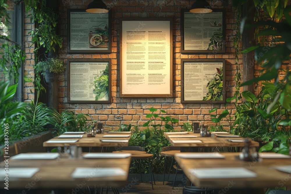 Fototapeta premium Lush Greenery Adorns Brick Wall Restaurant Tables