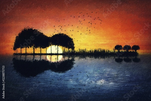 Photos Guitar island painting with day reflecting into night, sunset against starry sky reflection