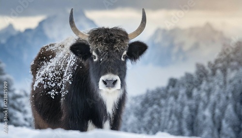 AI generated, animal, animals, mammal, mammals, biotope, habitat, one, individual animal, foraging, wildlife, yak (Bos mutus), yak, cattle, cattle species, high Asia, wild yak, horn bearer, (Boridae), winter, snow, ice, winter landscape, mountains