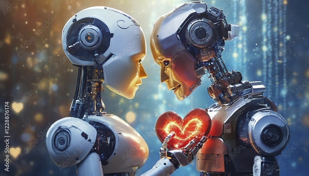 Fototapeta premium AI generated, A human beautiful humanoid robot loves a robot, specialist of the future, Automated, human-like, amazed, fascinated, fascinating, human-like, no person, industry, industrial, labour, machine man, robot, robotics, robot figure, beautiful, interesting, future model, employee, loves, love, robot love, AI generated