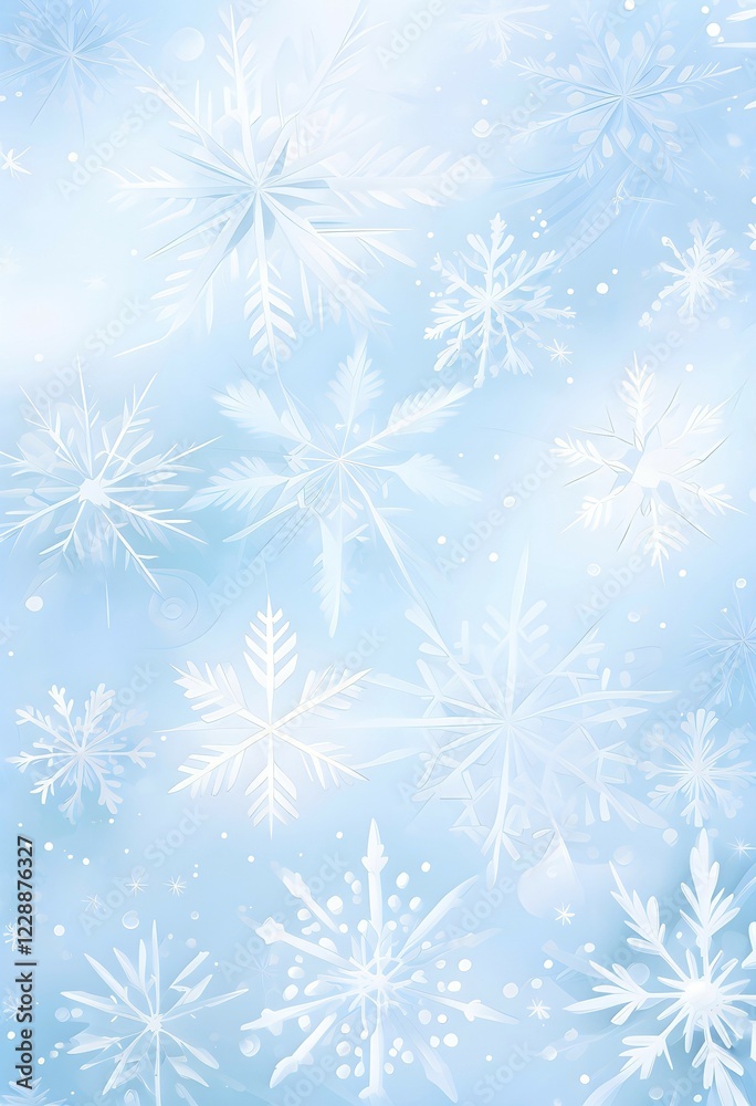 Abstract pattern of snowflakes in varying sizes and shapes in soft white and blue gradients, AI generated Abstract pattern of snowflakes in varying sizes and shapes in soft white and blue gradients, AI generated