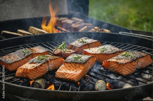 Salmon fillets grilling over open flames with a hint of rosemary, AI generated photo