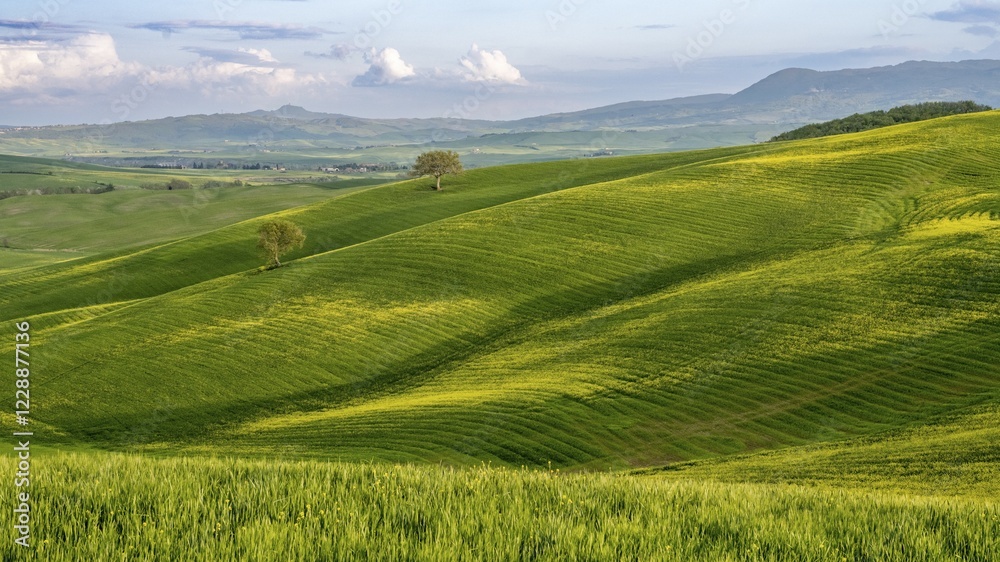 Obraz premium Hilly landscape with fields and trees, Tuscany, Province of Siena, Tuscany, Italy, Europe