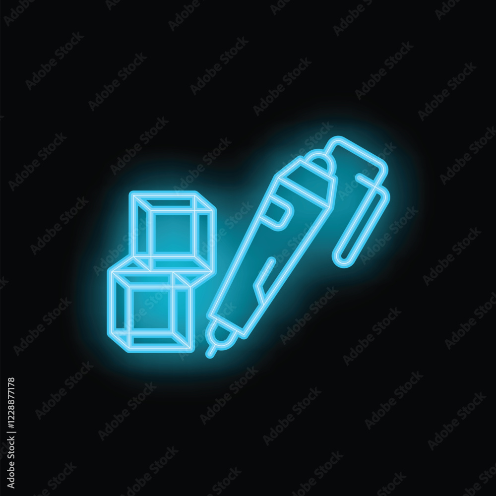 Neon icon of a 3d pen creating geometric shapes, symbolizing innovation and creativity in design and engineering Neon icon of a 3d pen creating geometric shapes, symbolizing innovation and creativity in design and engineering