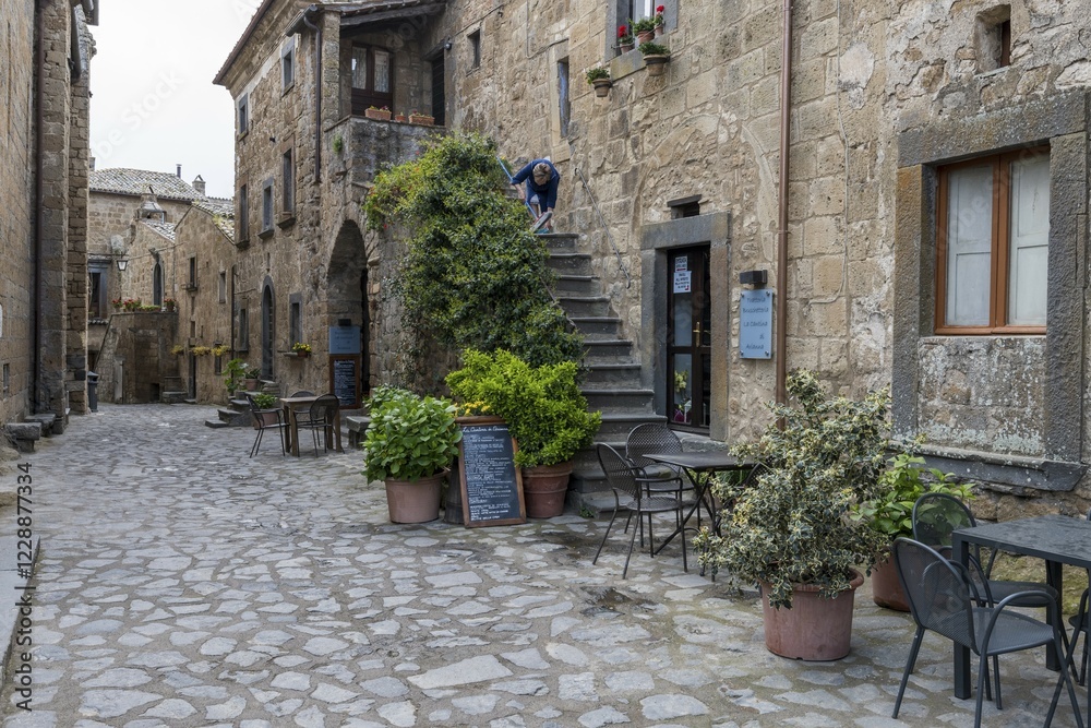 custom made wallpaper toronto digitalOld tufa buildings decorated with flowers in the hilltop village of Civita di Bagnoregio, Lazio, Italy, Europe