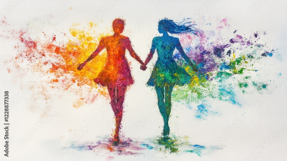 Fototapeta premium Rainbow acrylic strokes forming a couple silhouette, symbolizing love and equality, set against a white canvas.