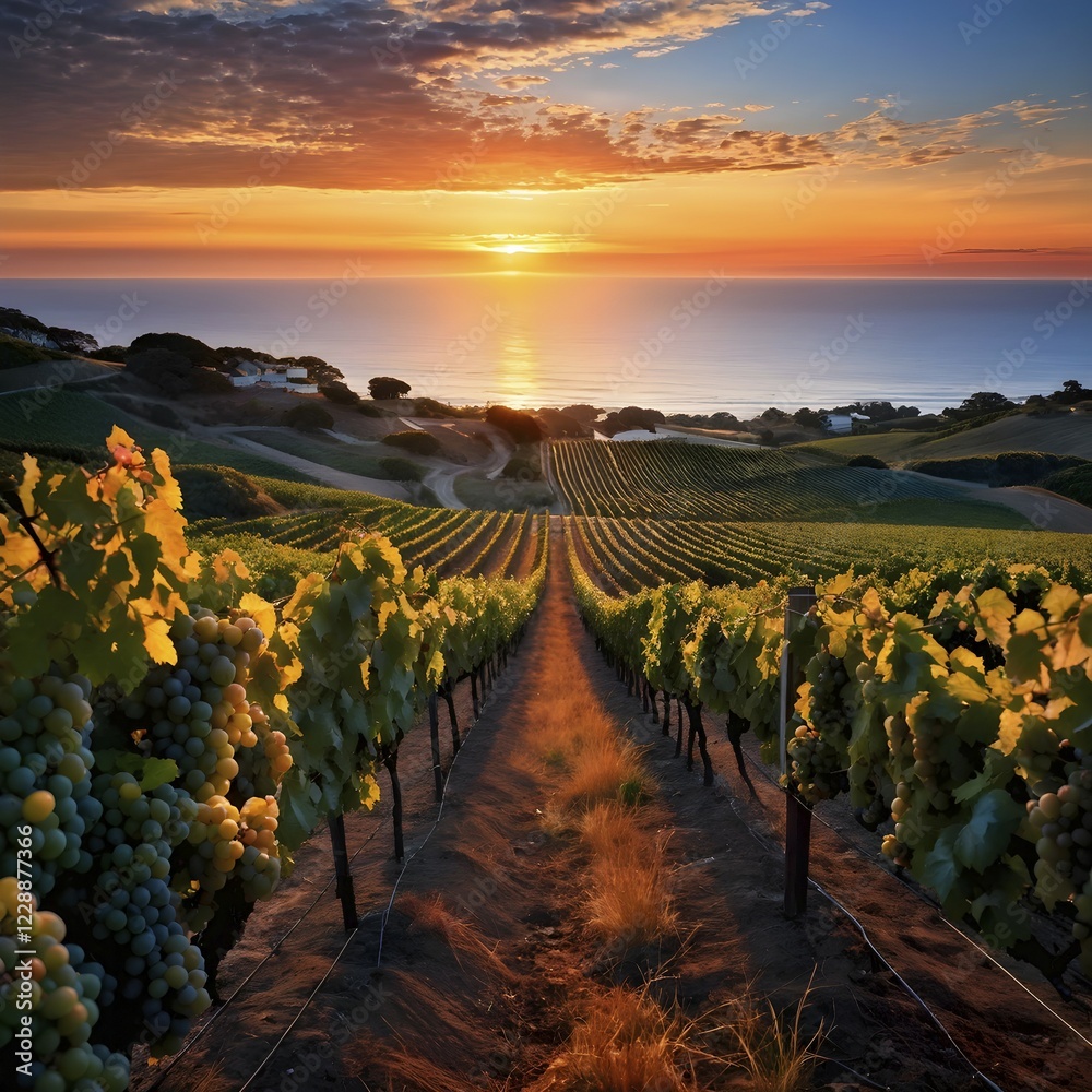 Fototapeta premium AI generated panoramic view of a coastal vineyard with ocean in the background in ambient light