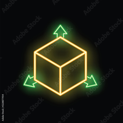 Neon glowing cube showing three dimensional axis system with green arrows indicating directions