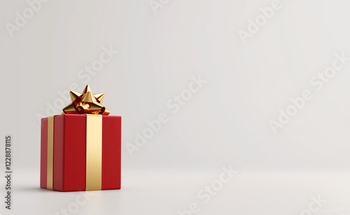3D Rendering of Red Gift Box with Gold Ribbon and Golden Star, Striped Red and Gold Pattern, White Background