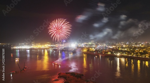 Fireworks over Tonlé Sap and Mekong, city view, Phnom Penh, Cambodia, Asia