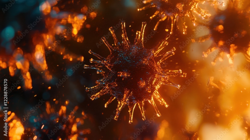 Fototapeta premium Realistic microscopic imagery of viruses with prominent, symmetrical spike formations.