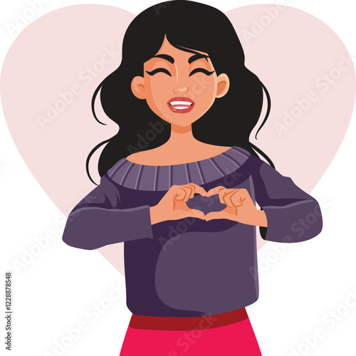 Woman Making Heart Gesture Vector Cartoon Characters. Cheerful affectionate woman having empathy and charity