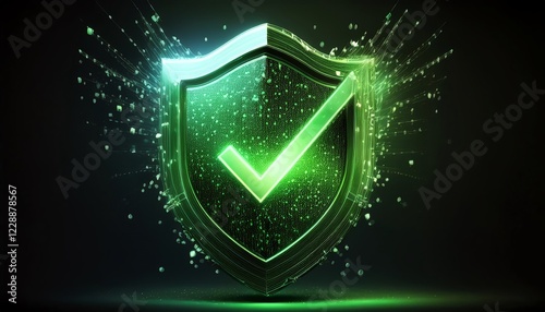 A glowing green shield with a check mark symbolizes security and protection against threats in a digital environment.