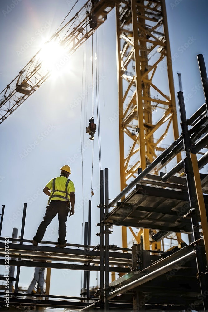 View of a construction site with male worker and crane, AI generated
