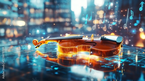 Futuristic violin on digital cityscape background with musical notes photo