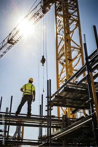 Obraz na płótnie View of a construction site with male worker and crane, AI generated w salonie