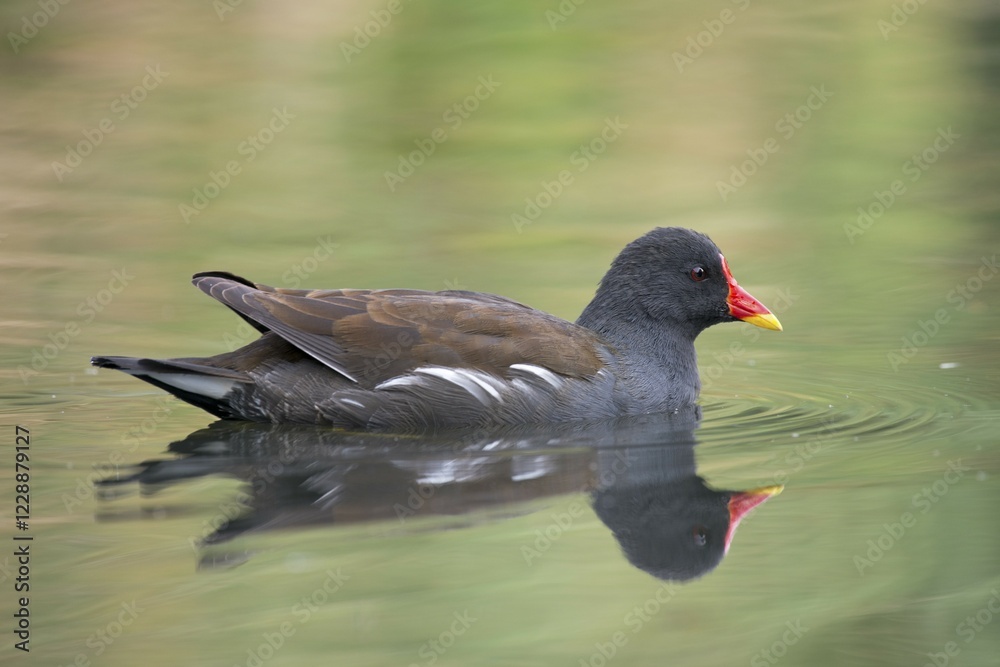 Common moorhen or swamp chicken (Gallinula chloropus) in water, North Rhine-Westphalia, Germany, Europe Common moorhen or swamp chicken (Gallinula chloropus) in water, North Rhine-Westphalia, Germany, Europe